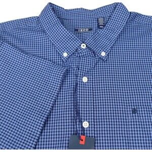 New IZOD Short Sleeve Button Down Shirt Men's XXXL Blue & Black Check Soft Touch